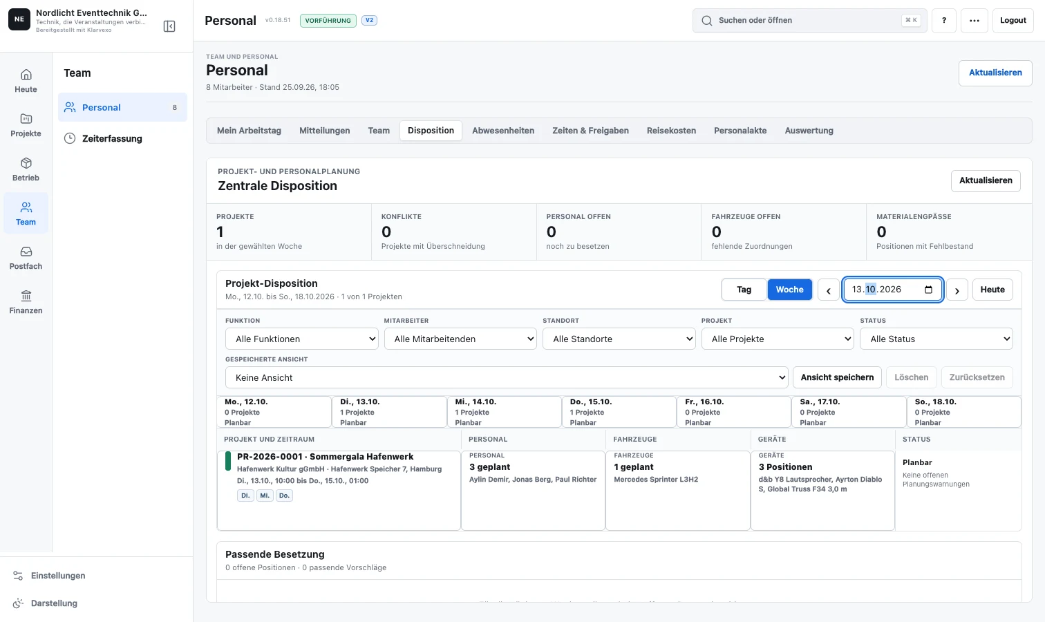 Klarvexo Disposition mit Projektzeiträumen, Ressourcen und Konflikten