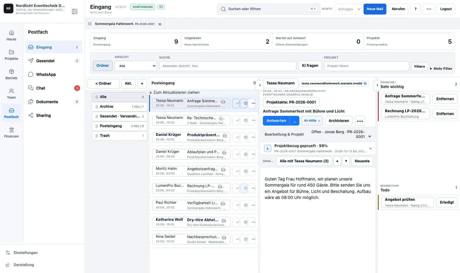 Klarvexo Mail-Arbeitsplatz mit Projektzuordnung
